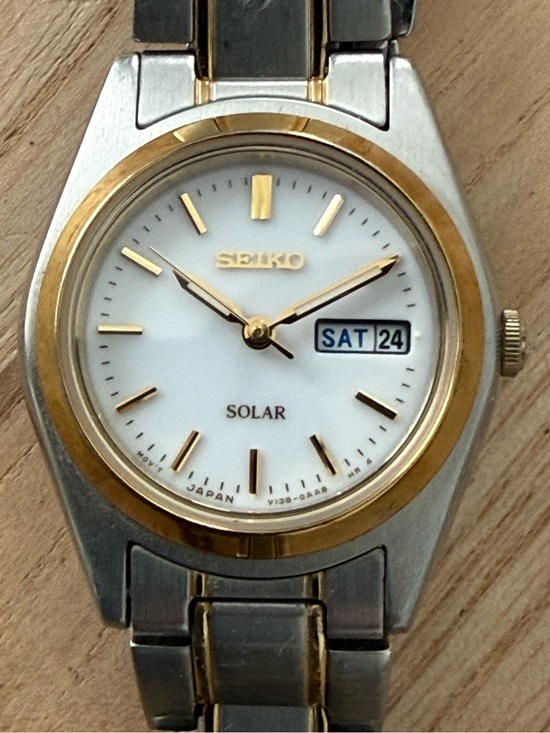 Seiko Solar Ladies Watch White Dial Two-Tone Bracelet Case Day Date Window main image 13